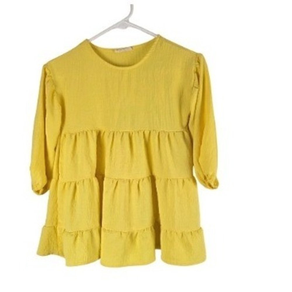 Oddi Tiered Blouse M Womens Yellow‎ Short Sleeve Light Weight Pullover Casual